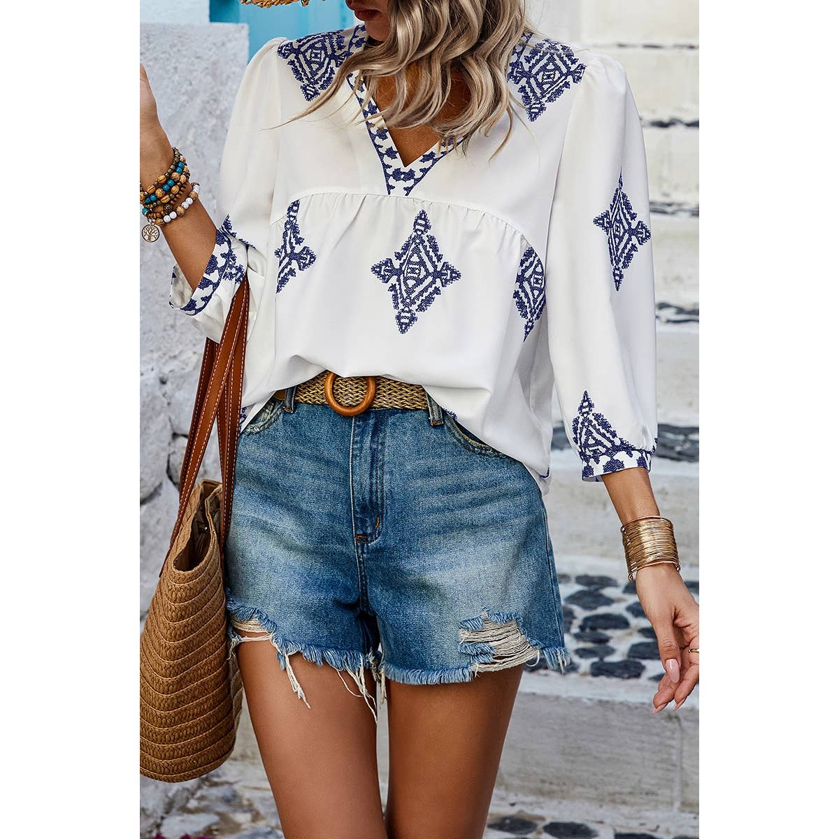 (XL) Printed T Shirt V Neck Loose Puff Sleeves Shirts: WHITE / XL