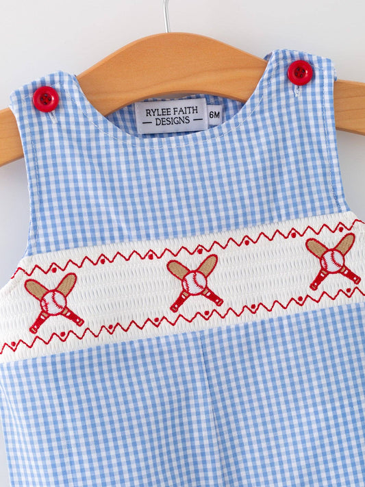 3M Baby Boy Baseball Smocked Romper – Blue Plaid Summer Outfit