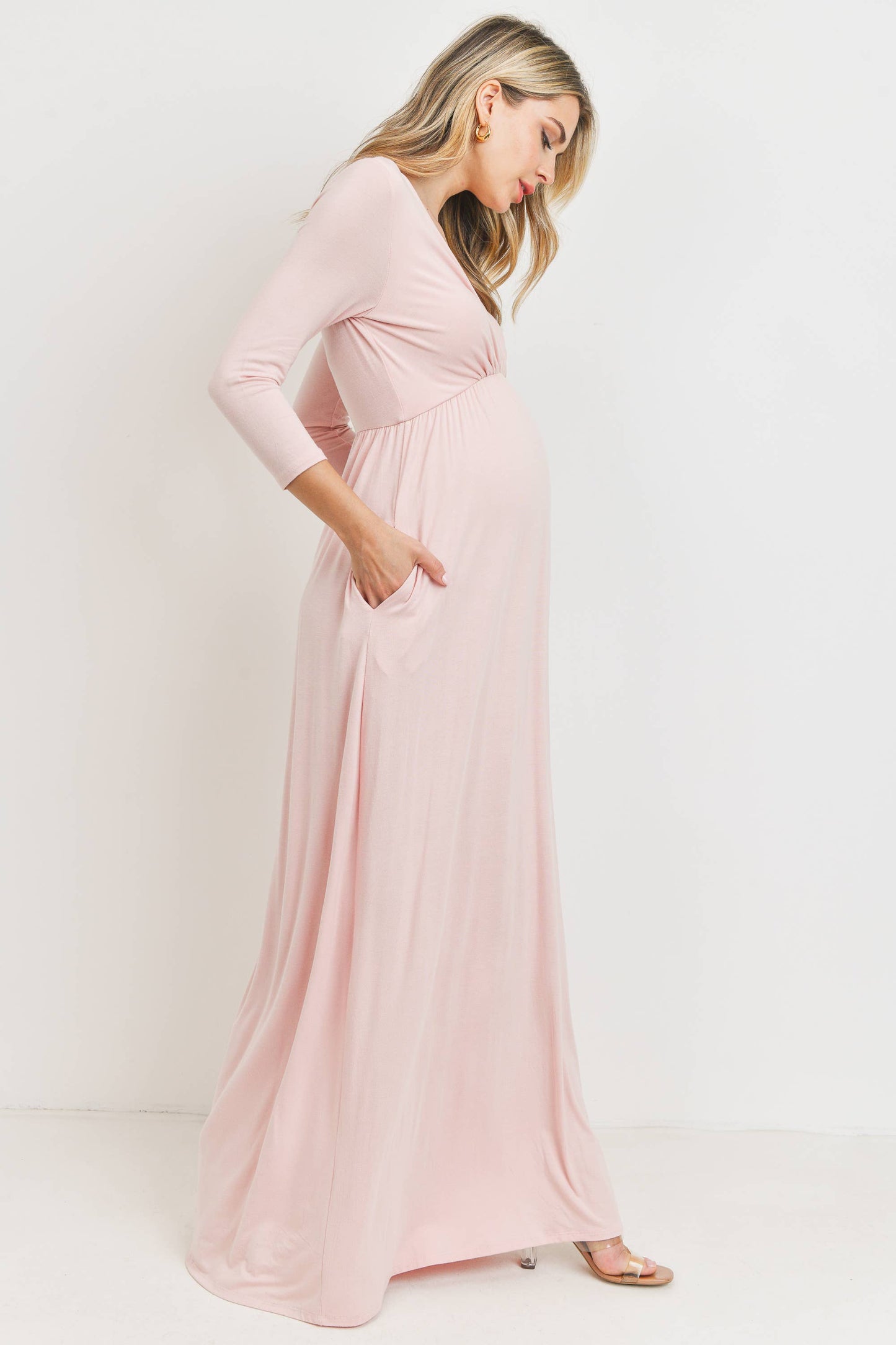 Blush / L: Surplice Quarter Sleeve Nursing Maxi Dress