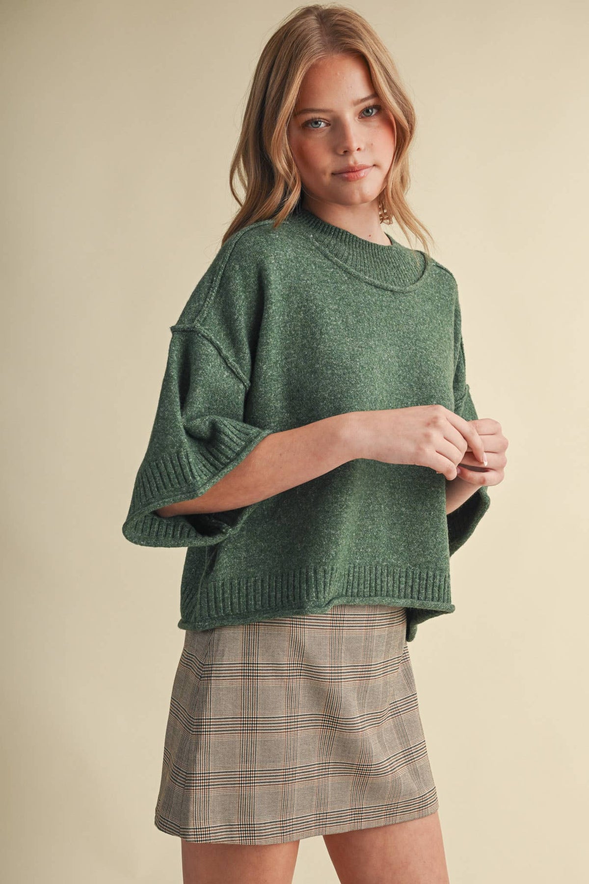 MARLED KNIT MOCK NECK SHORT SLEEVE SWEATER