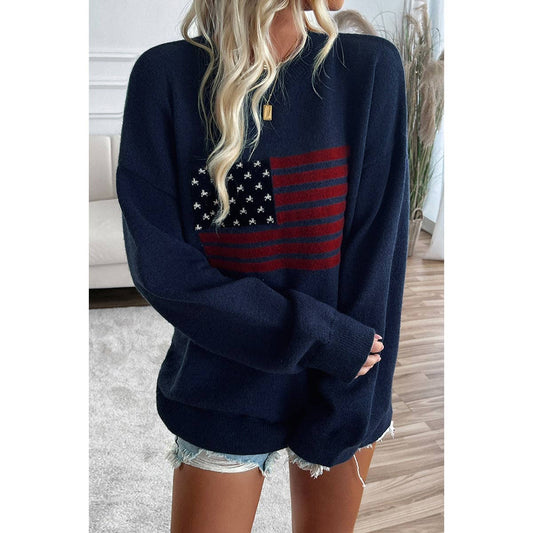NAVY L - Knit Round Neck Flag Print Loose Fit Sweater