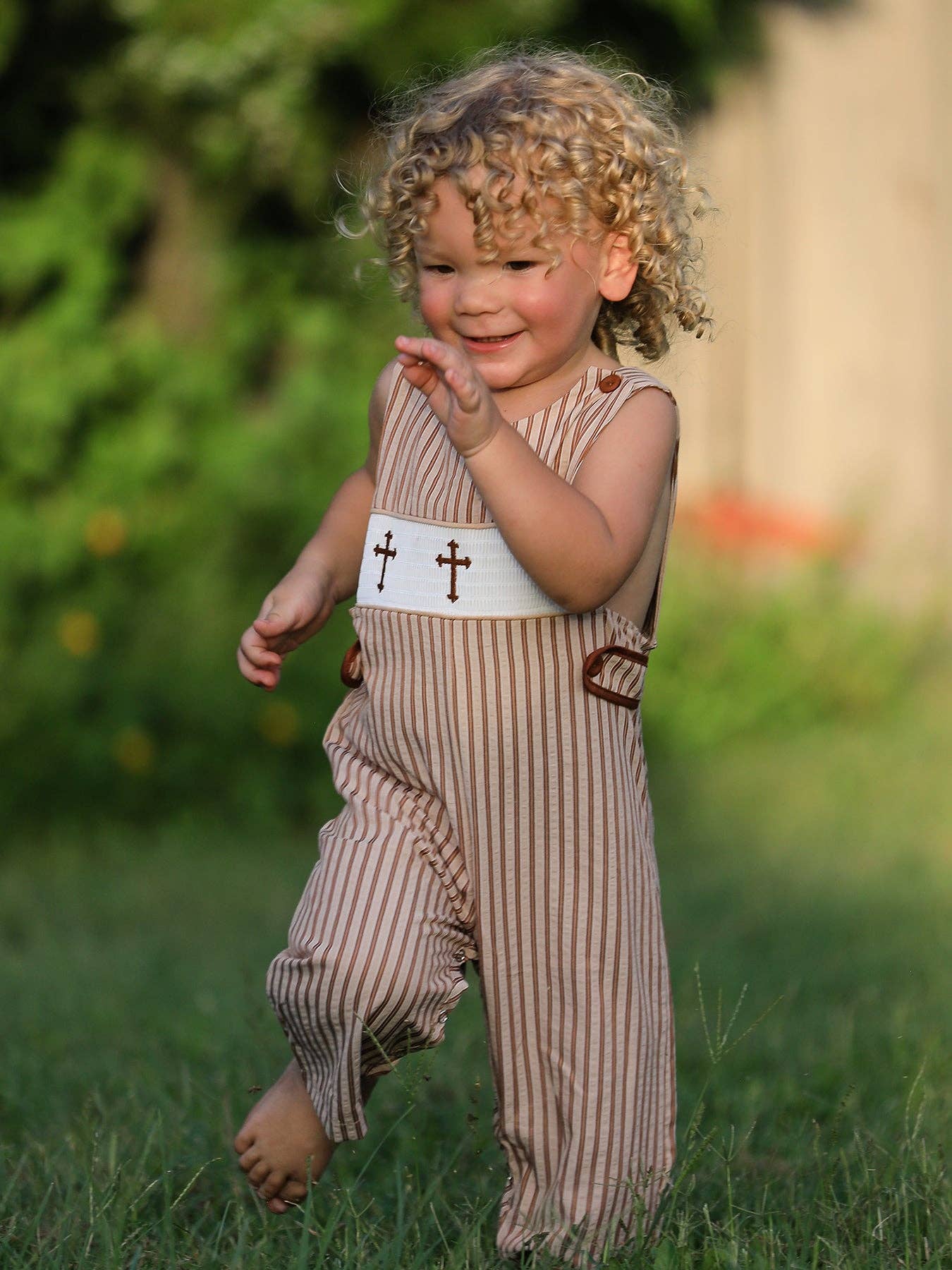 3M Stripe Smocked Church Christ Bishop Christening Toddler Boys' Romper