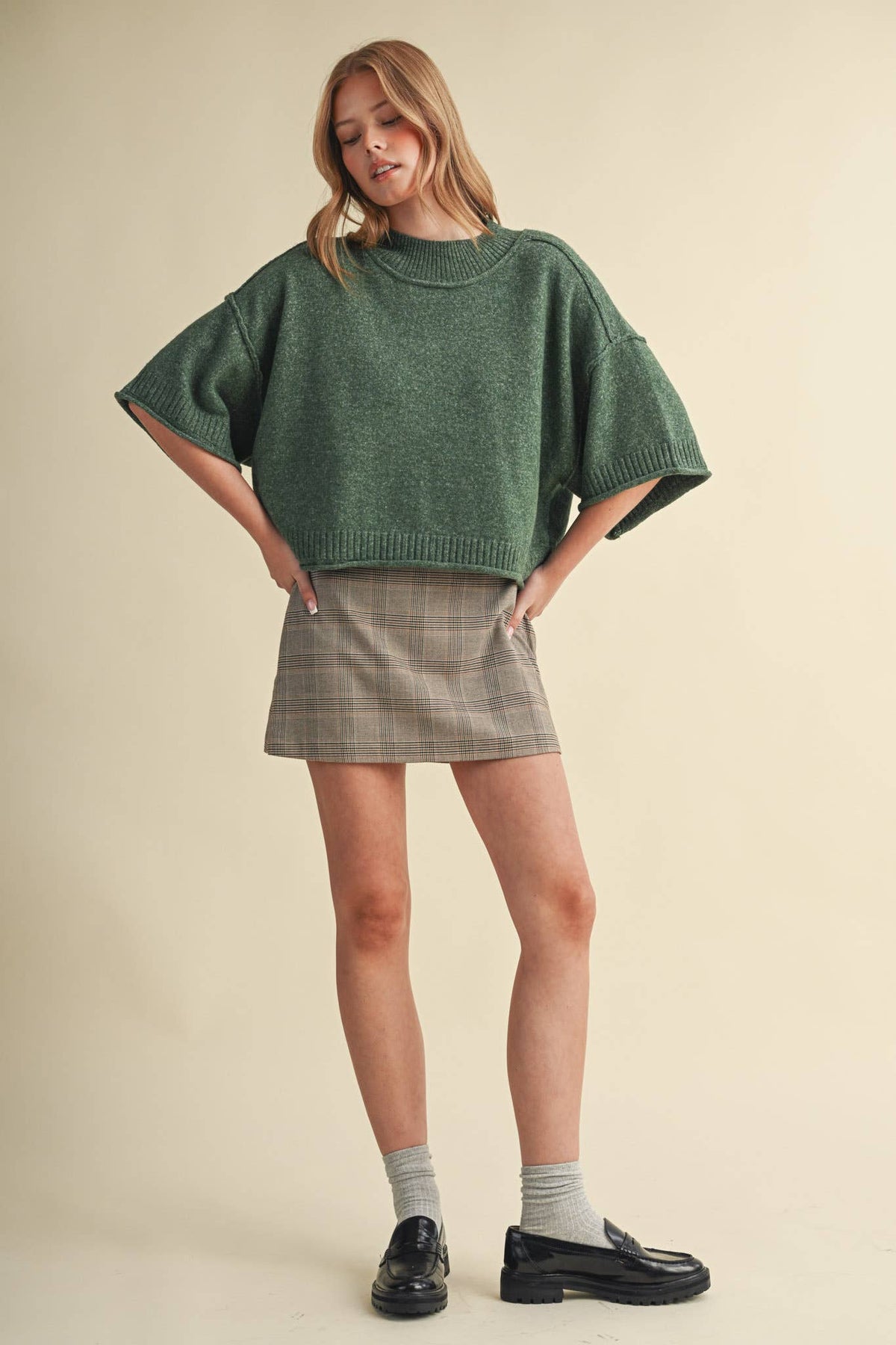 MARLED KNIT MOCK NECK SHORT SLEEVE SWEATER