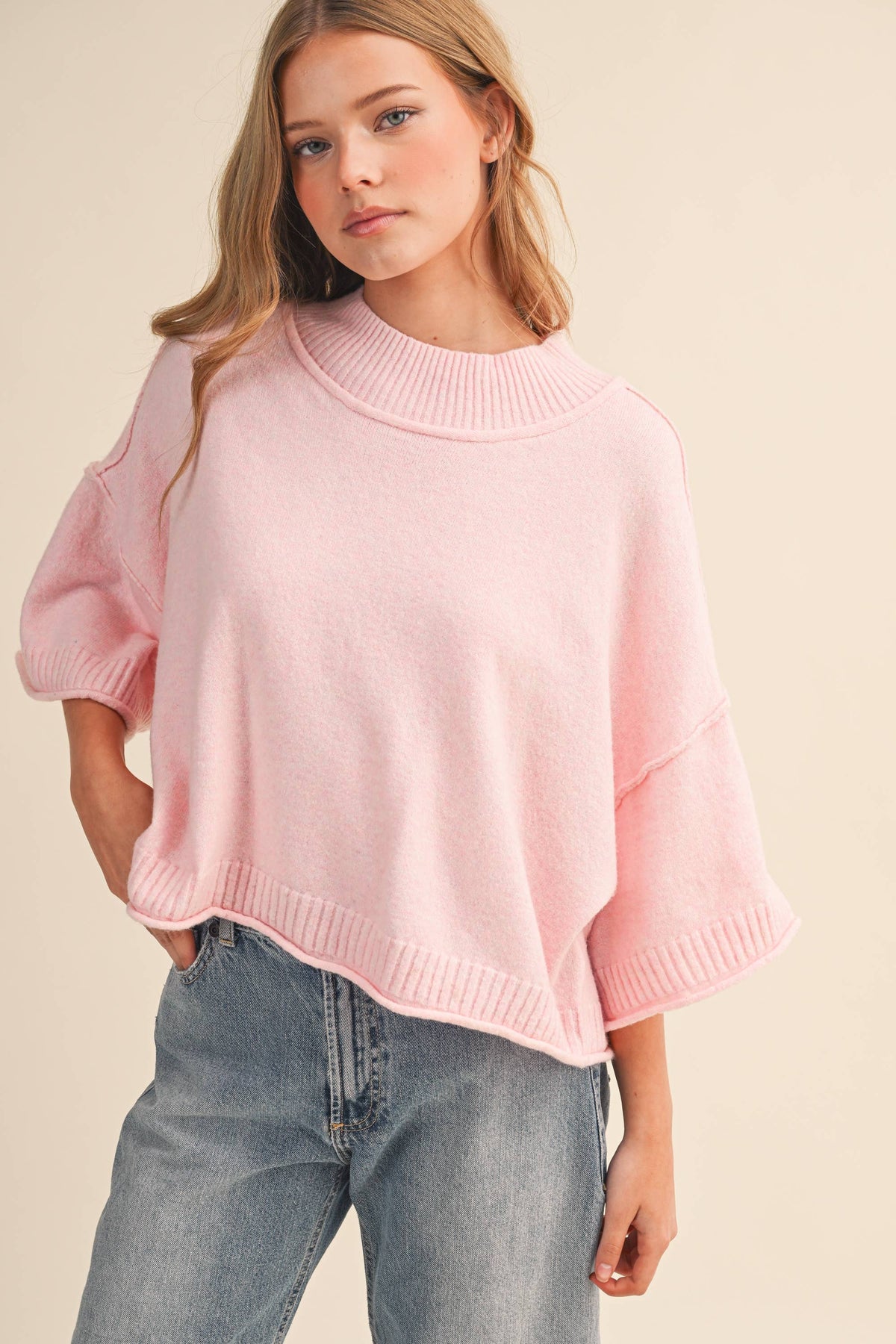 MARLED KNIT MOCK NECK SHORT SLEEVE SWEATER