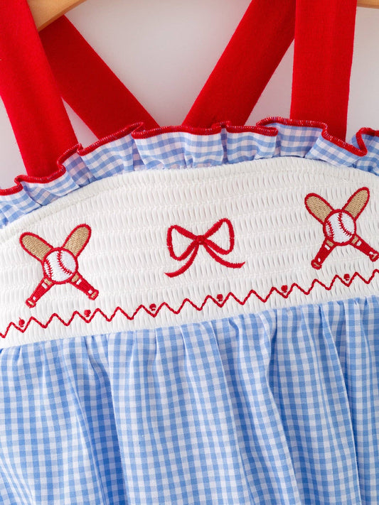 18M Baby Girls Baseball Smocked Romper – Blue Plaid Summer Outfit