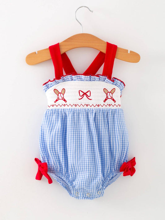 3M Baby Girls Baseball Smocked Romper – Blue Plaid Summer Outfit