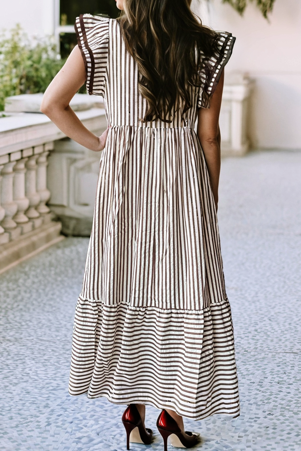 Ruffled Stripe Contrast Trim V Neck Dress