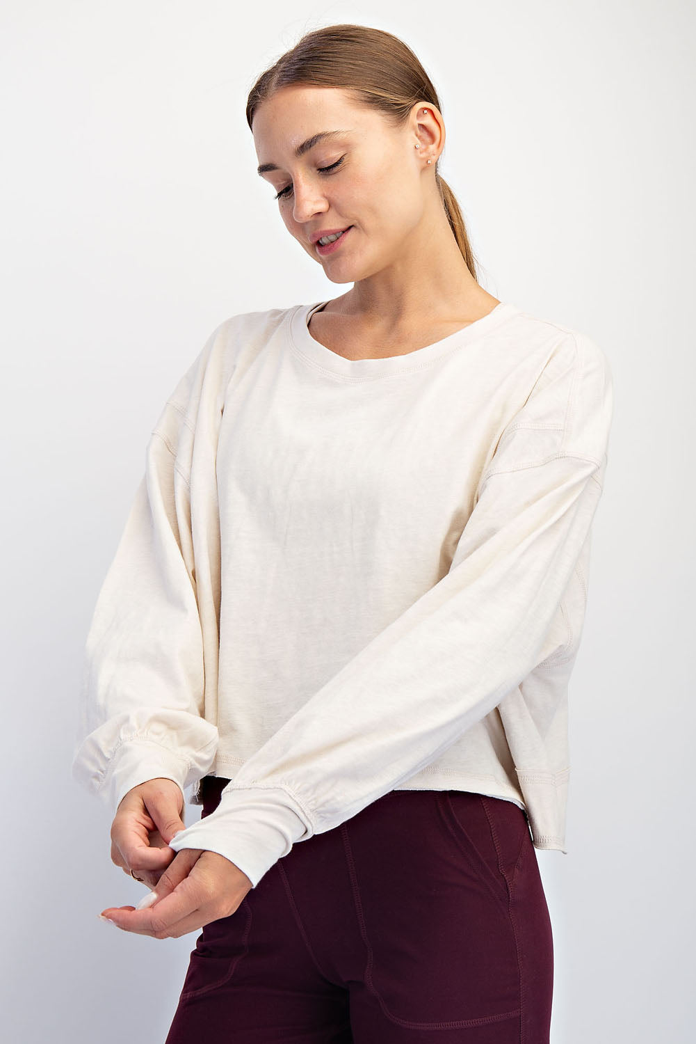 White / L: COTTON SLUB OPEN BACK LONG SLEEVE TOP