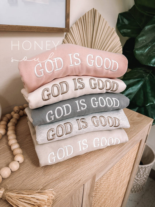 Embroidered GOD IS GOOD Sweatshirt: Dusty Pink / Medium