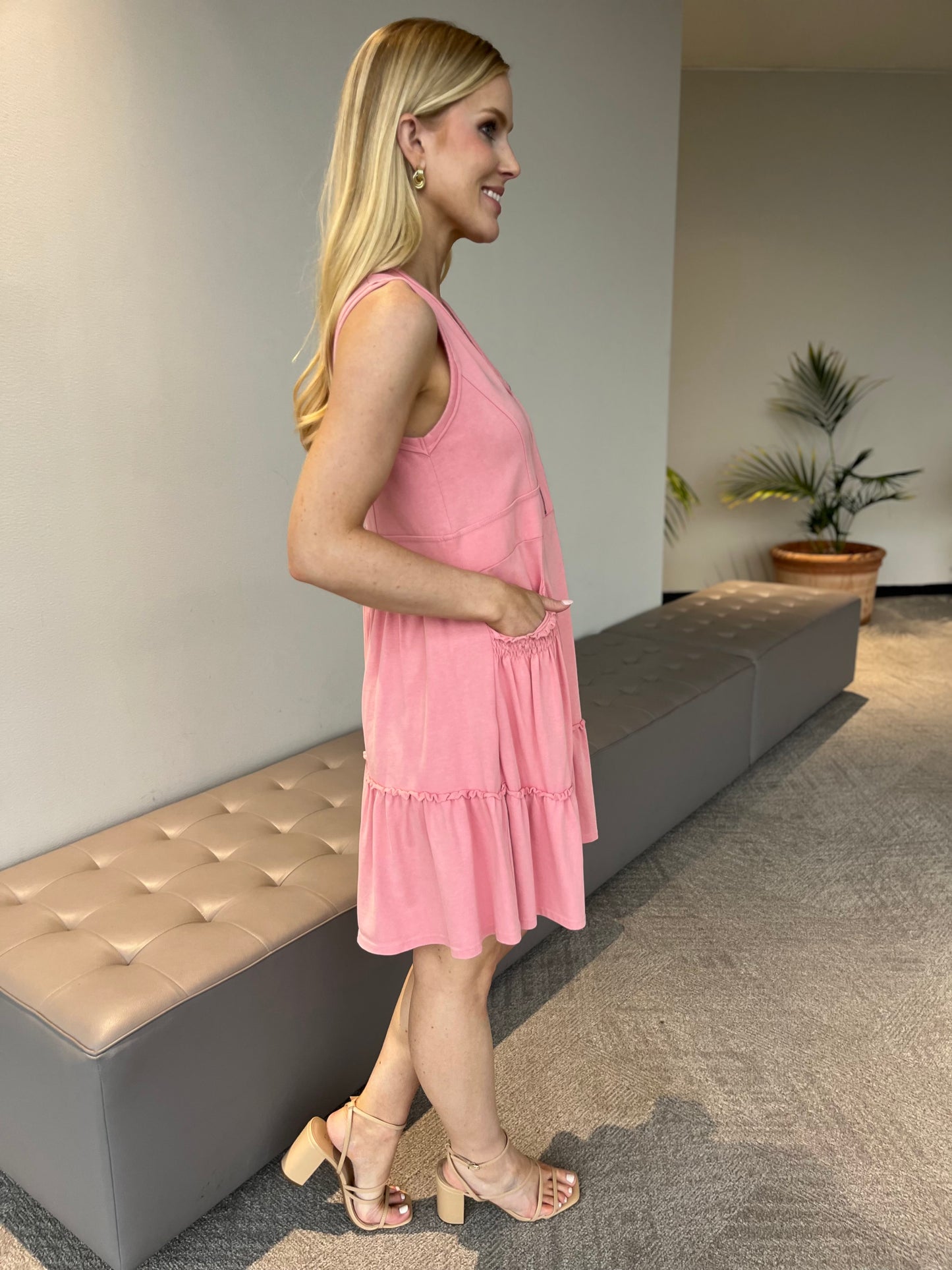 Large - CC Pink Ruffle Pocket Zip Dress