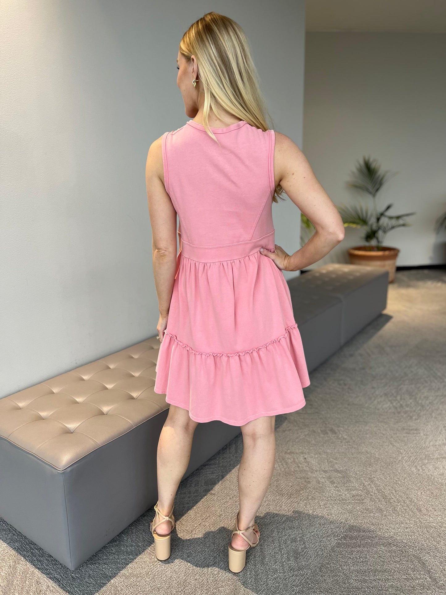 Large - CC Pink Ruffle Pocket Zip Dress