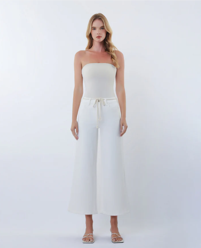 Optic White - High Rise Drawstring WB Crop Wide Leg Jeans