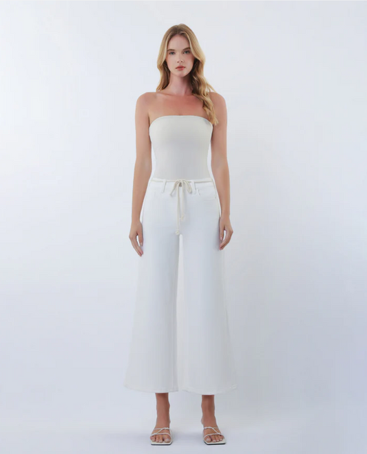 Optic White - High Rise Drawstring WB Crop Wide Leg Jeans