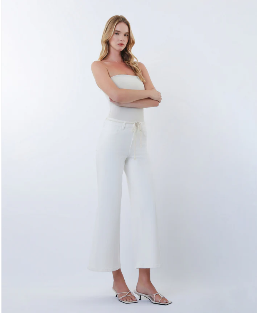 Optic White - High Rise Drawstring WB Crop Wide Leg Jeans