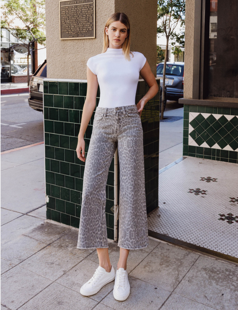 High Rise Grey Leopard Print Crop Wide Leg Jeans