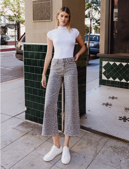 High Rise Grey Leopard Print Crop Wide Leg Jeans