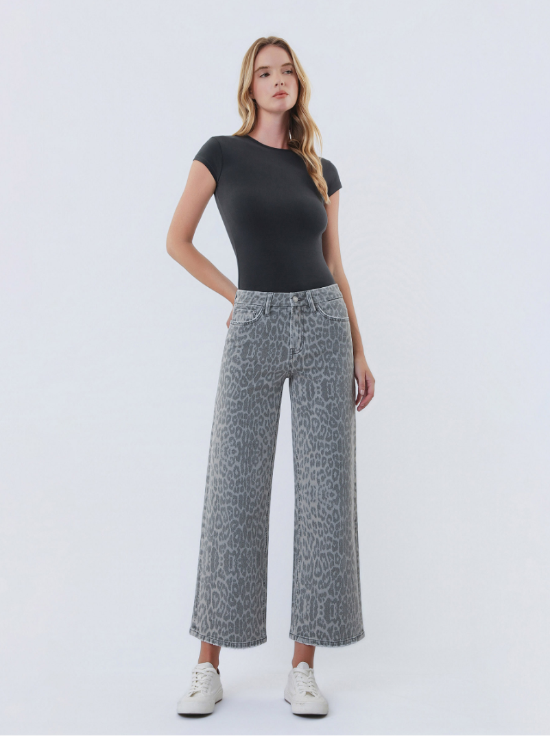 High Rise Grey Leopard Print Crop Wide Leg Jeans