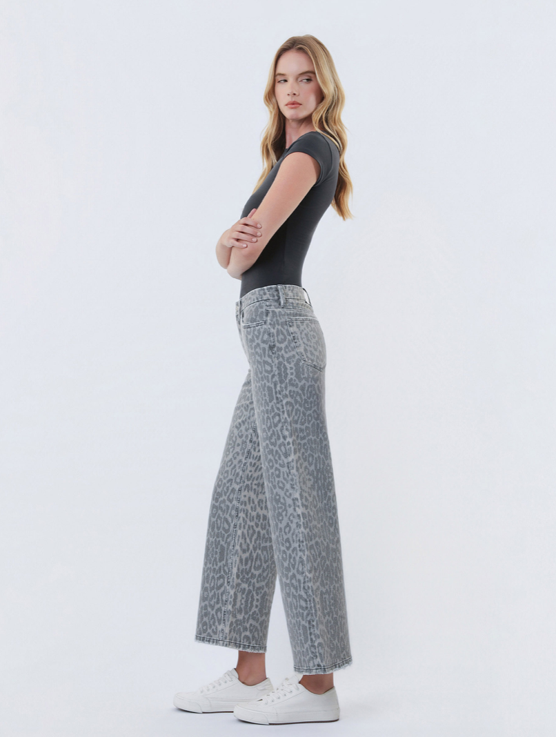 High Rise Grey Leopard Print Crop Wide Leg Jeans