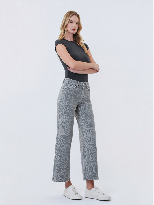 High Rise Grey Leopard Print Crop Wide Leg Jeans