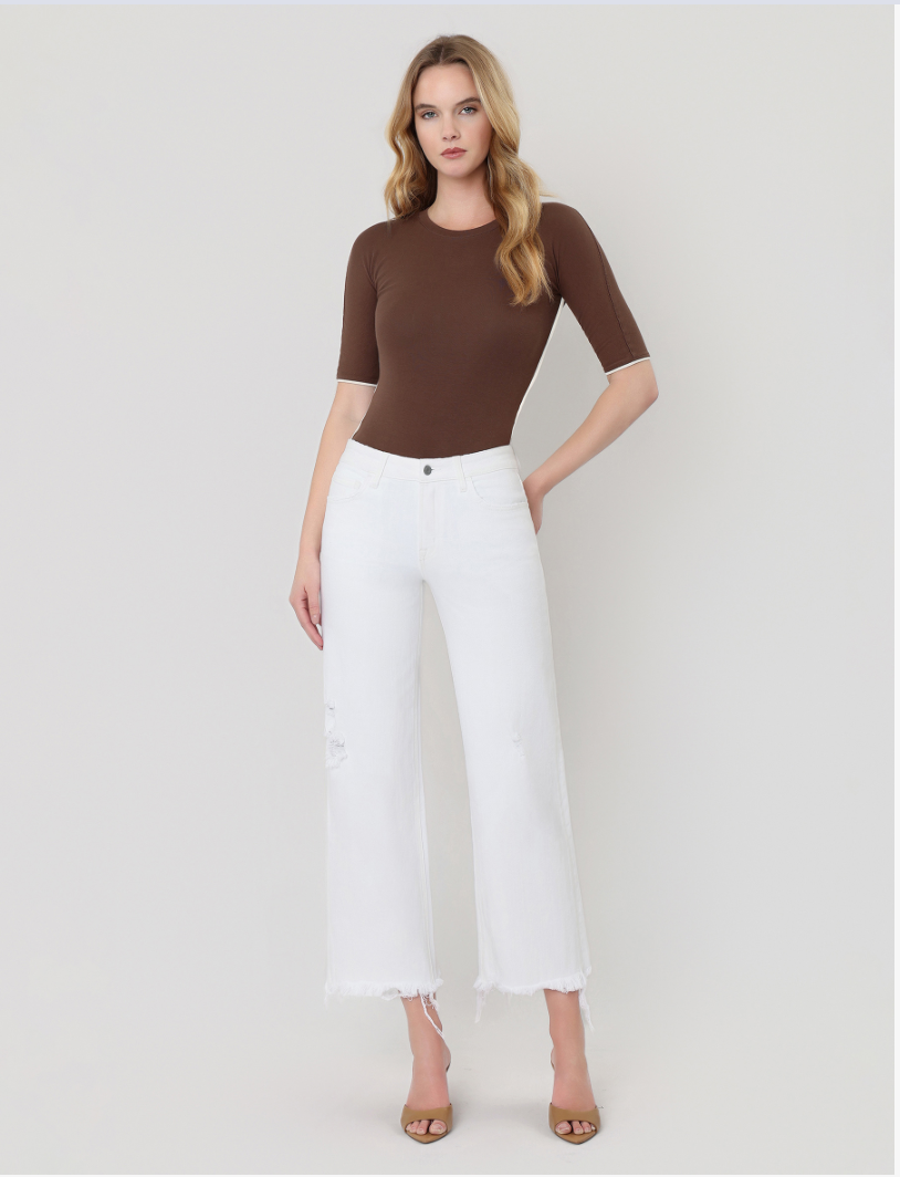 High Rise Uneven Raw Hem Crop Wide Jeans