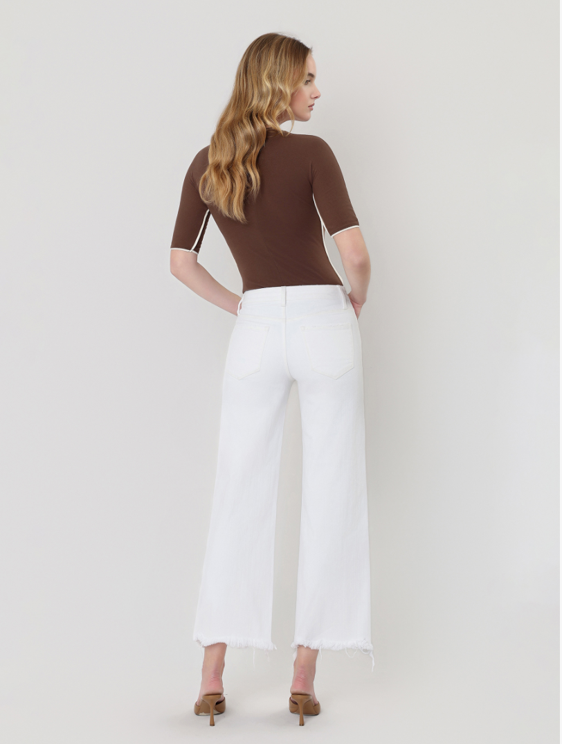 High Rise Uneven Raw Hem Crop Wide Jeans