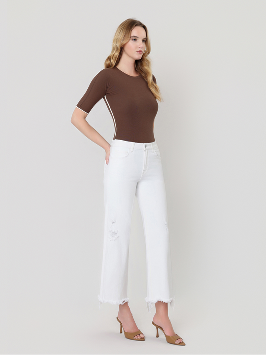 High Rise Uneven Raw Hem Crop Wide Jeans