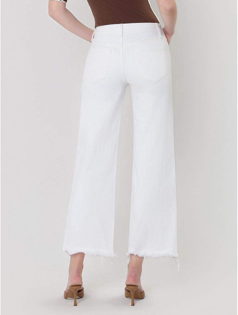 High Rise Uneven Raw Hem Crop Wide Jeans