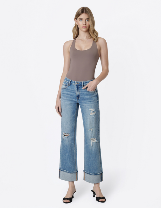 Mid Rise Distressed Cuffed Slim Wide Jeans