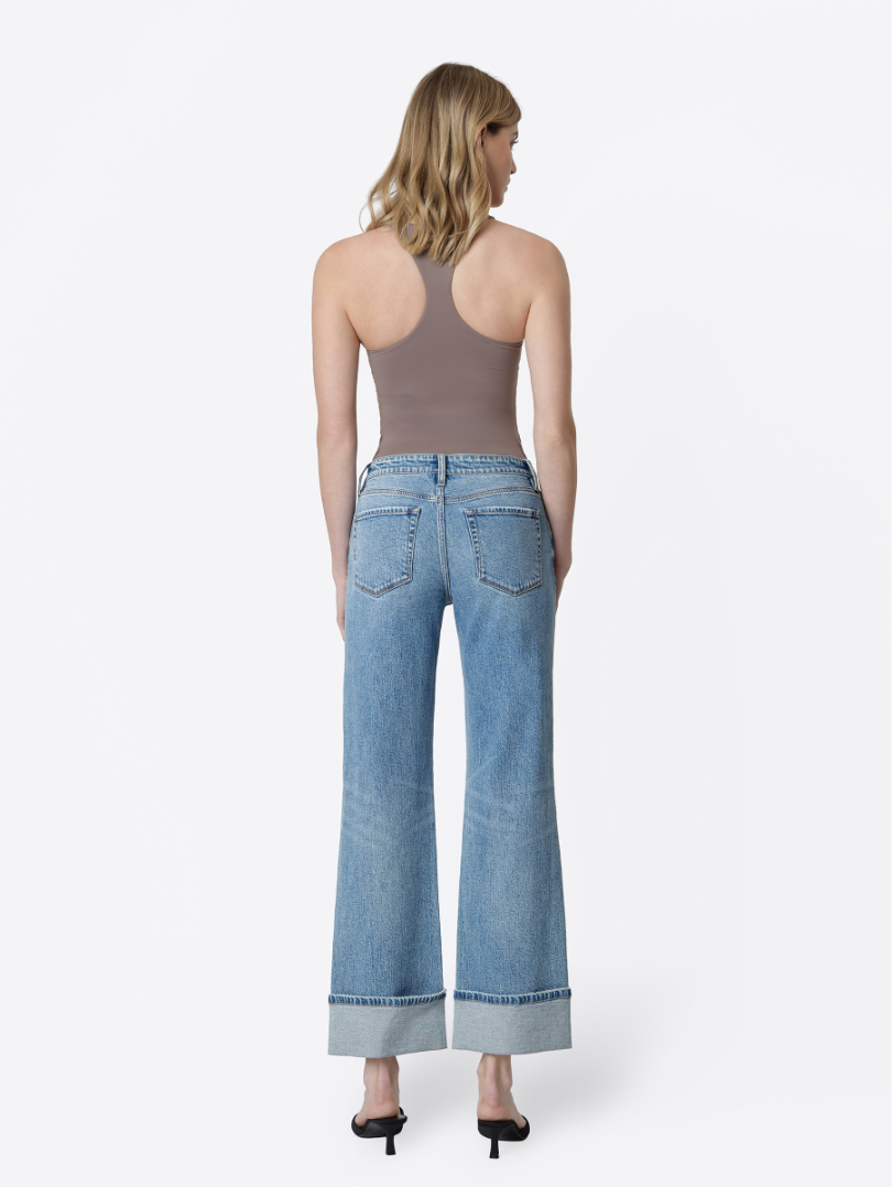 Mid Rise Distressed Cuffed Slim Wide Jeans