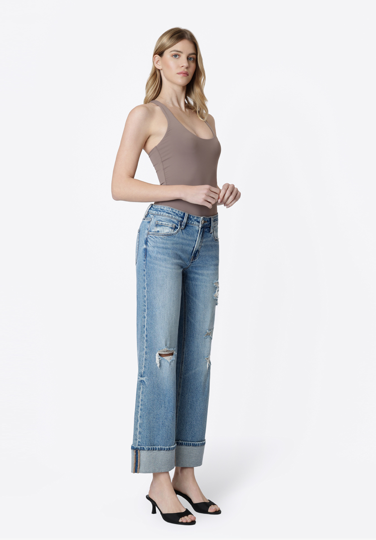 Mid Rise Distressed Cuffed Slim Wide Jeans