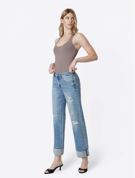 Mid Rise Distressed Cuffed Slim Wide Jeans