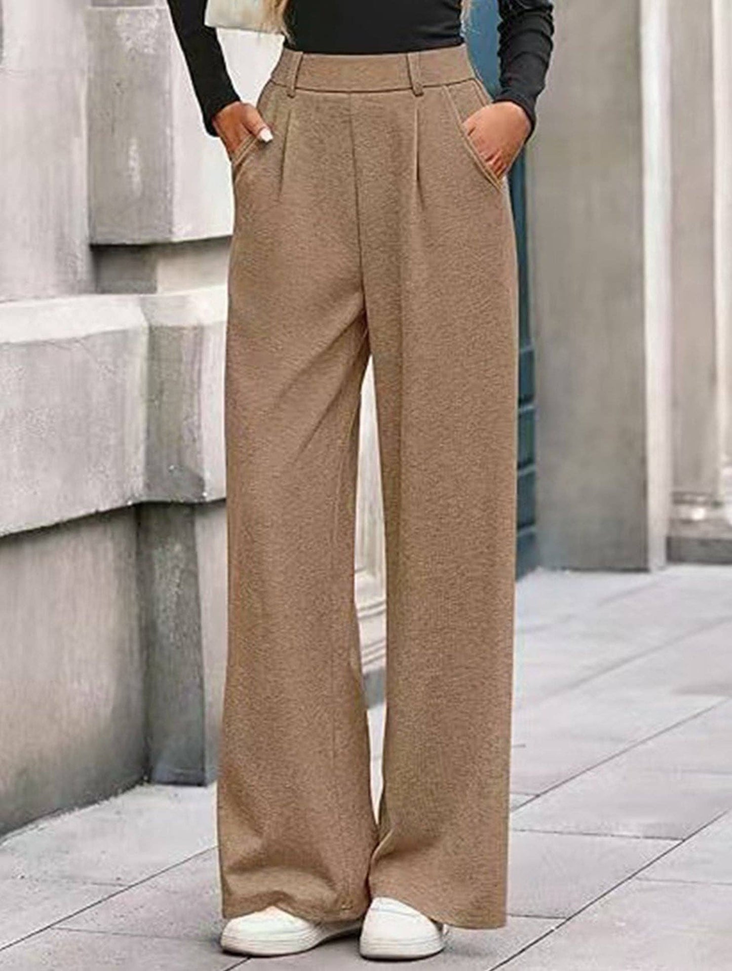 (XXL) Versatile solid color straight wide-leg pants: Black / (XXL) 1