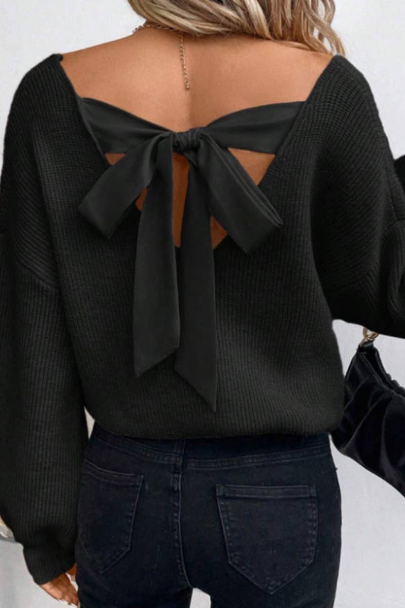 (XL) CWOSWL5207_SEXY V-NECK BACK LACE-UP LONG-SLEEVED SWEATER: LIGHTCAMEL / (XL) 1
