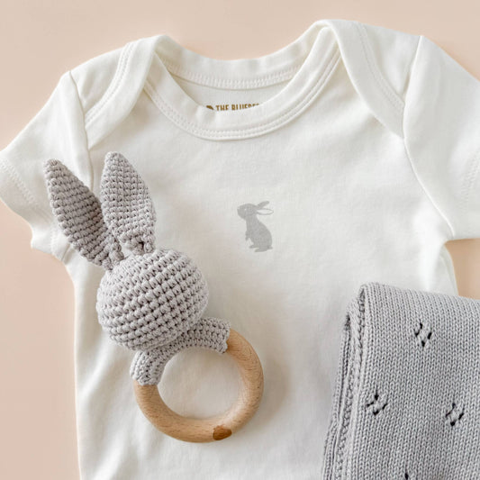 Teether Bunny Grey Cotton Rattle Baby Gift Spring