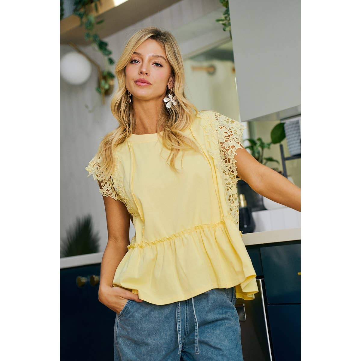 SOLID JERSEY TIERED TOP WITH LACE SLEEVE