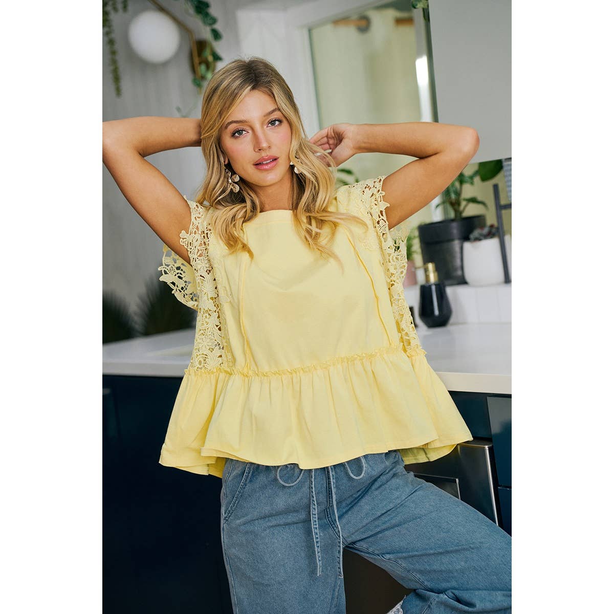 SOLID JERSEY TIERED TOP WITH LACE SLEEVE