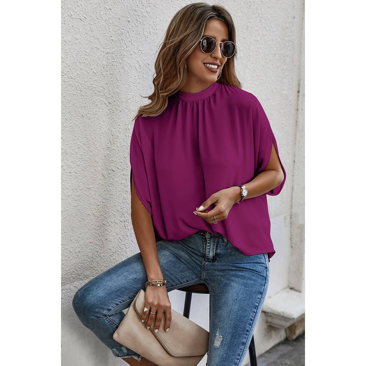 Solid Cape Short Sleeve Loose Top: NAVY / XL
