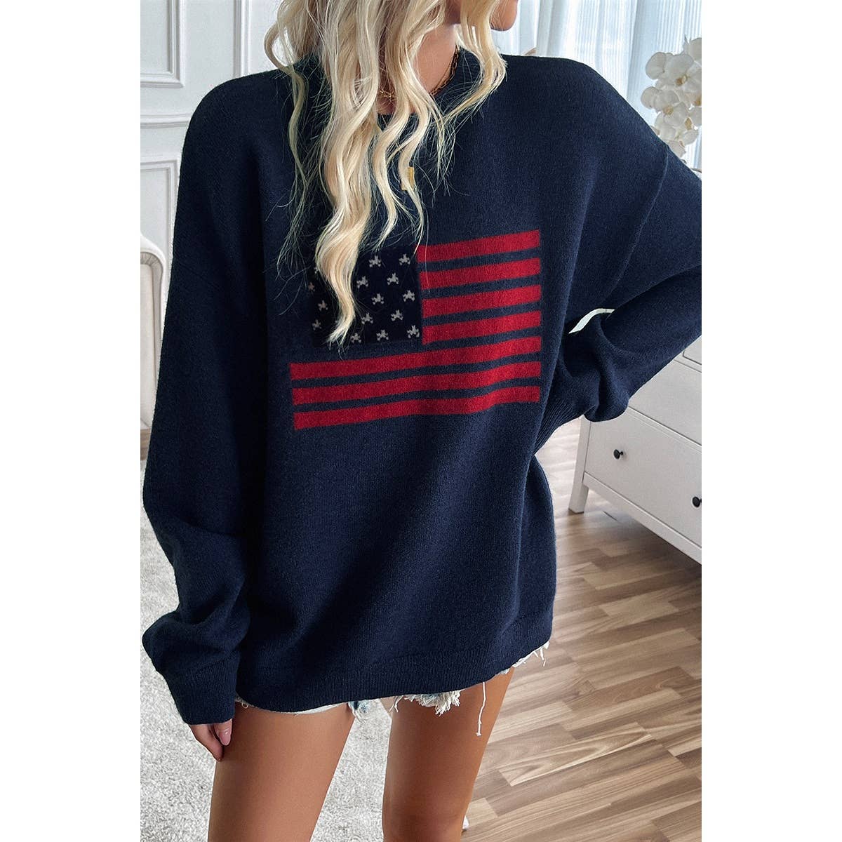 NAVY L - Knit Round Neck Flag Print Loose Fit Sweater