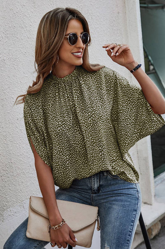Solid Cape Short Sleeve Loose Top: GREEN LEOPARD / S