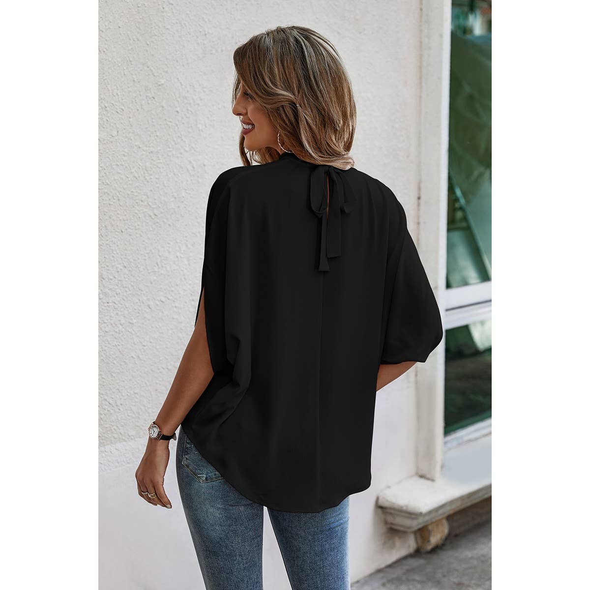Solid Cape Short Sleeve Loose Top: NAVY / XL