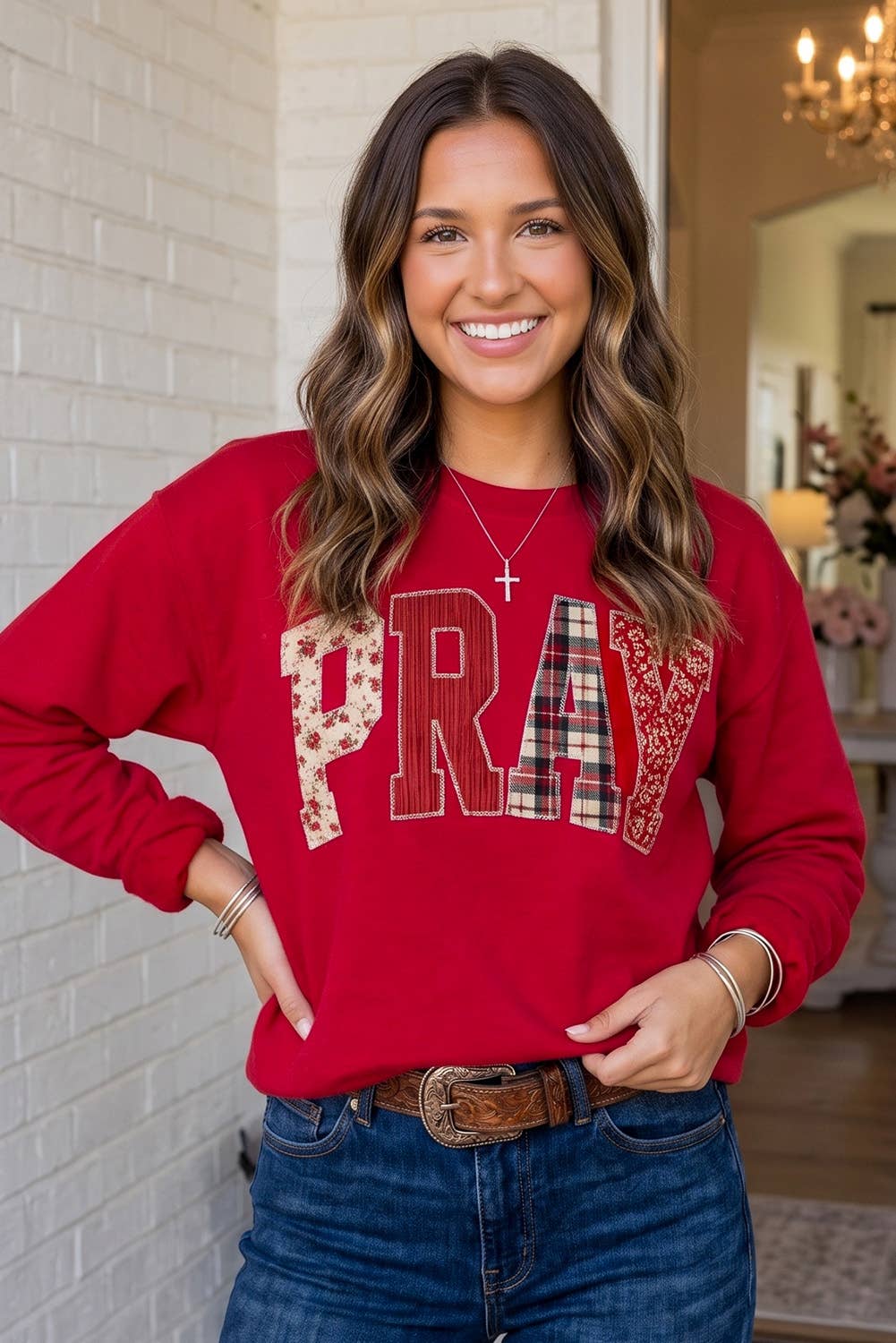 LAS Western PRAY Plaid Letter Patchwork Sweatshirt