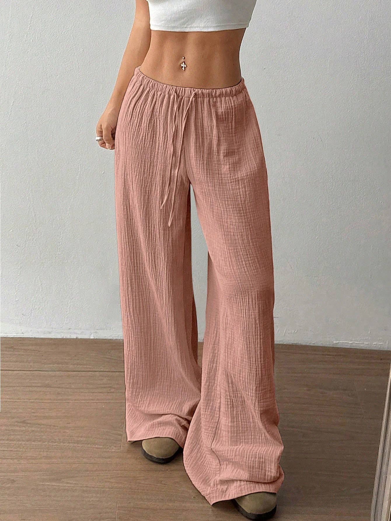 (XL) Pure cotton pure color easy wide-legged pants: WHITE / (XL) 1