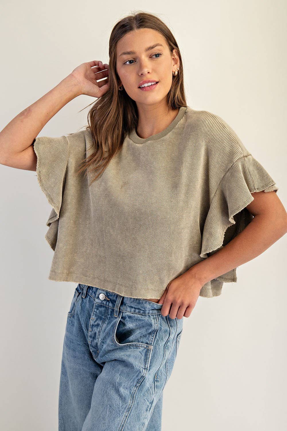 PL8297 - WAFFLE KNIT TIERED FLUTTER SLEEVE CROP TOP