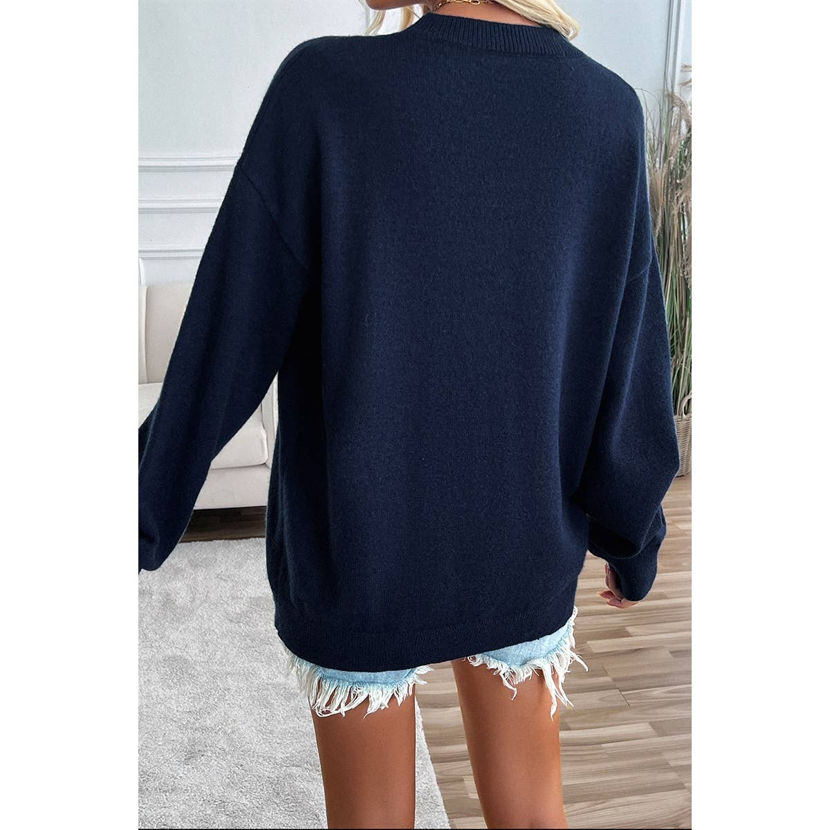 NAVY S - Knit Round Neck Flag Print Loose Fit Sweater