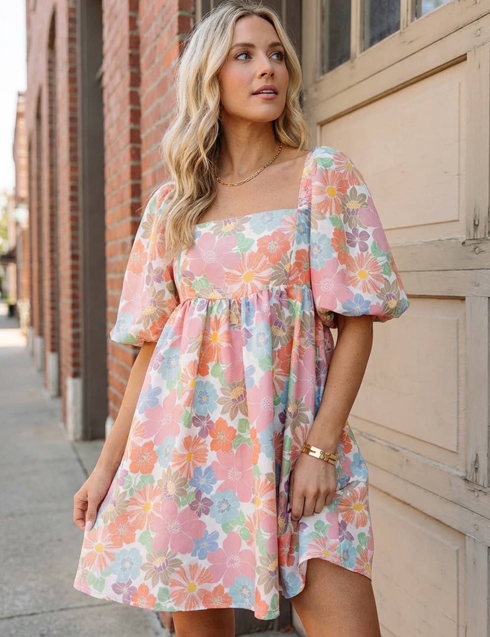 Floral Square Neck Puff Sleeve Babydoll Mini Dress
