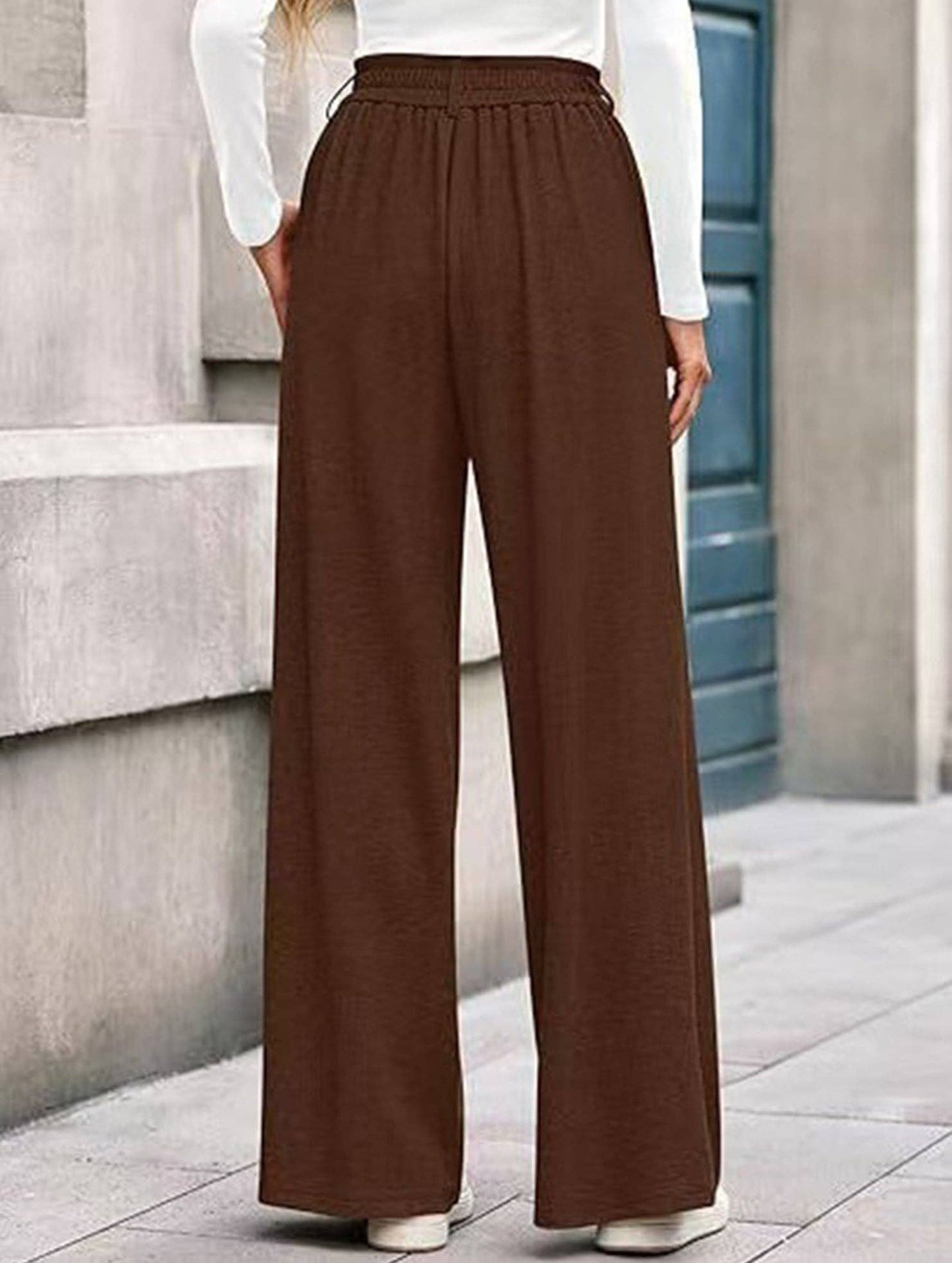 (L) Versatile solid color straight wide-leg pants: Black / (L) 1