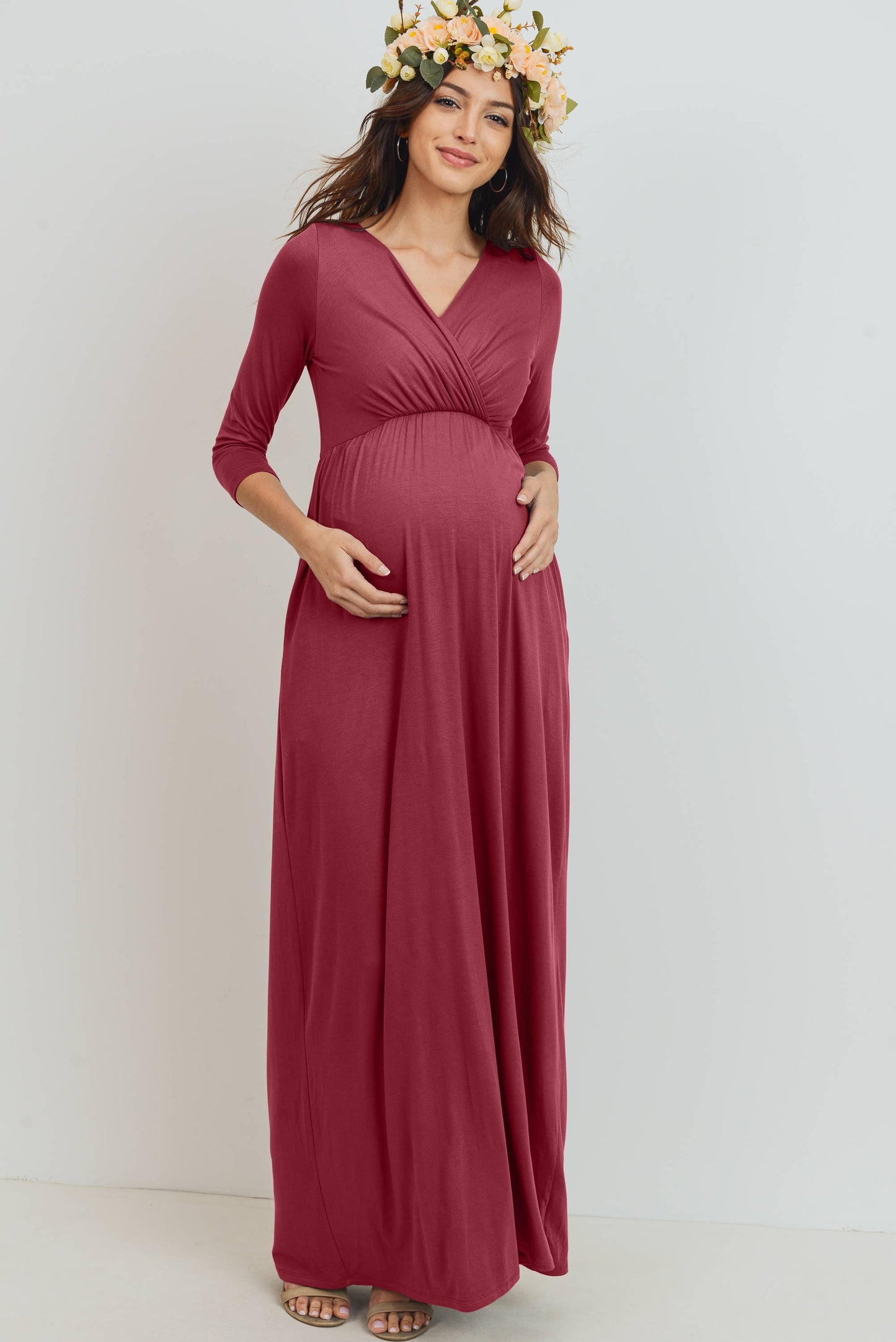 Blush / L: Surplice Quarter Sleeve Nursing Maxi Dress