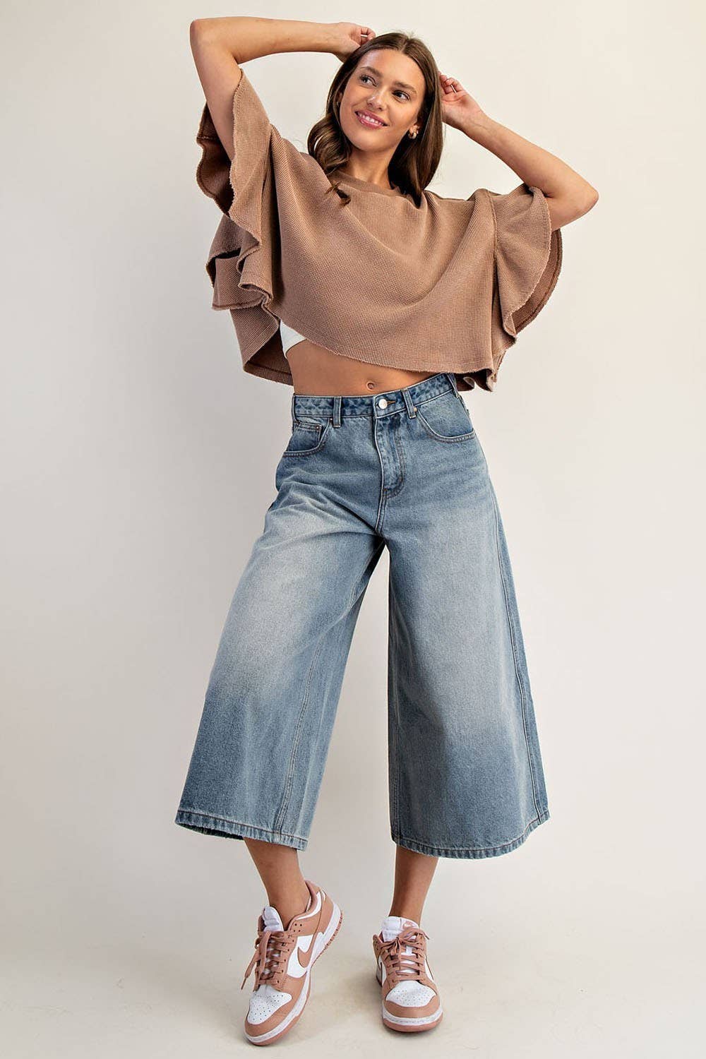PL8297 - WAFFLE KNIT TIERED FLUTTER SLEEVE CROP TOP