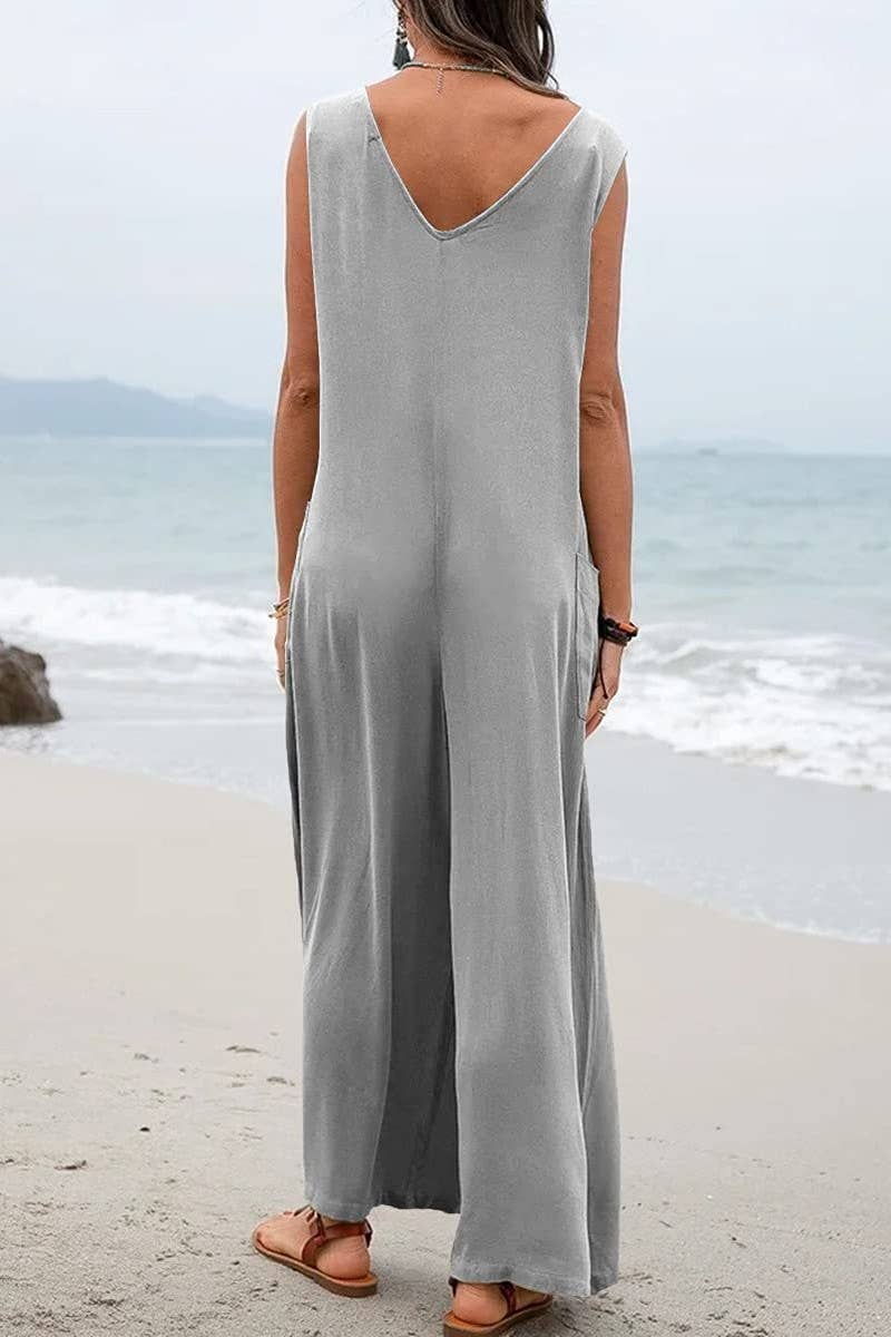 (XL) CWSJS1433_SOLID COLOR LOOSE POCKET SLEEVELESS JUMPSUIT: BLACK / (XL) 1