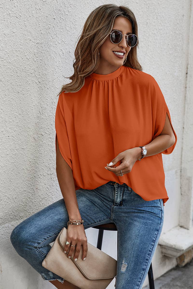 Solid Cape Short Sleeve Loose Top: GREEN LEOPARD / L